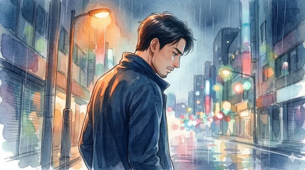 第一印象の失敗や見た目のせいで自信を失い、夜の街で孤独を感じる状況を表現したイメージ