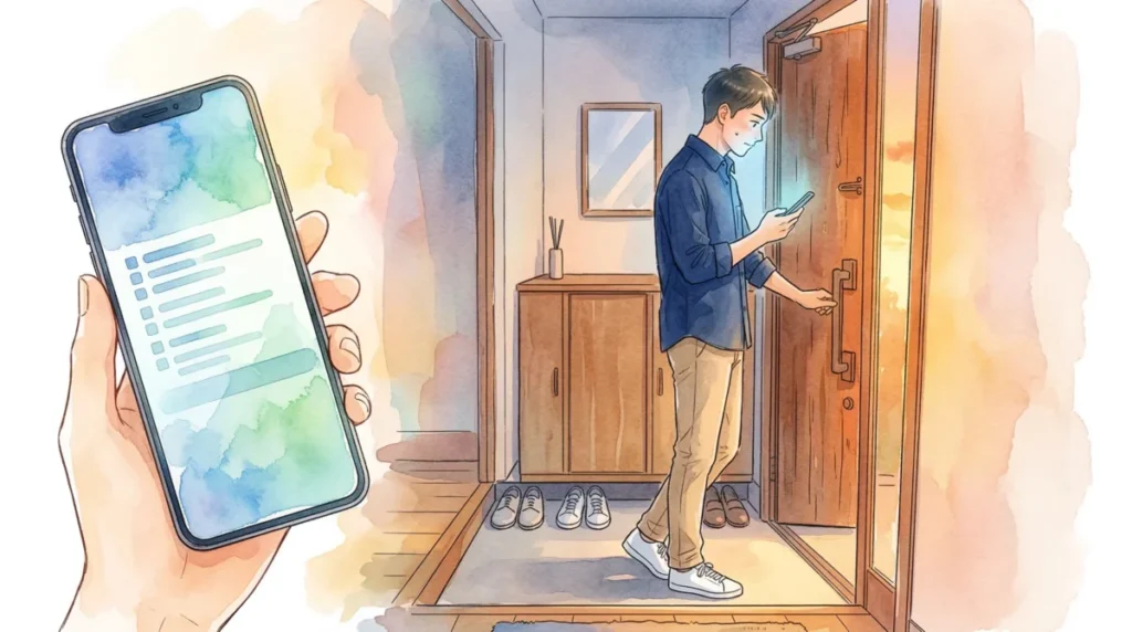 外出直前にスマホでチェックリストを確認し、身だしなみを万全にする状況を表現したイメージ