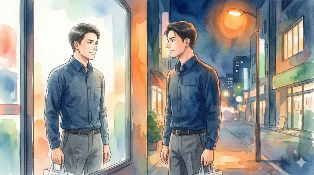 努力の末に清潔感を身につけ、自分への自信と大人の余裕を持って歩く姿を表現したイメージ