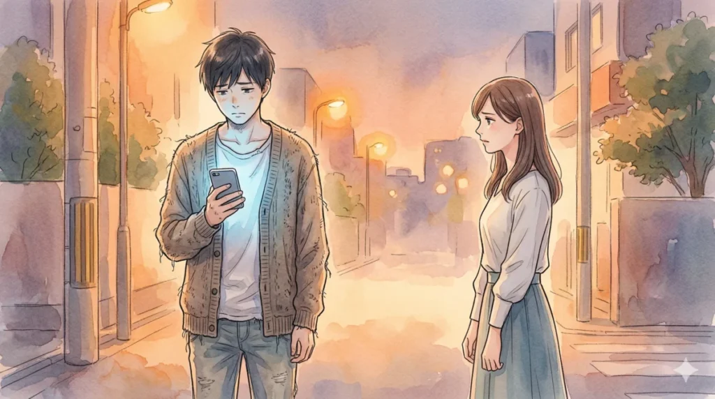 手入れ不足の服が原因でデート相手に幻滅される悲劇的な場面を表現したイメージ