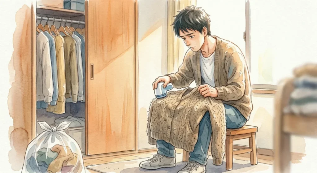 寿命を迎えた服を捨てるべきかクローゼットの前で葛藤する姿を表現したイメージ