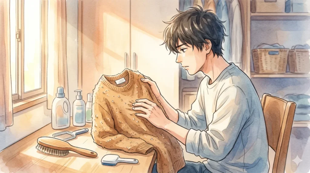 服の素材を確認しながら毛玉ができるメカニズムを分析する様子を表現したイメージ