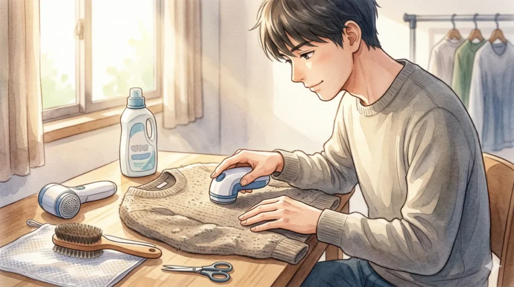 専用の毛玉取り器を使い丁寧にニットの清潔感を復活させる工程を表現したイメージ