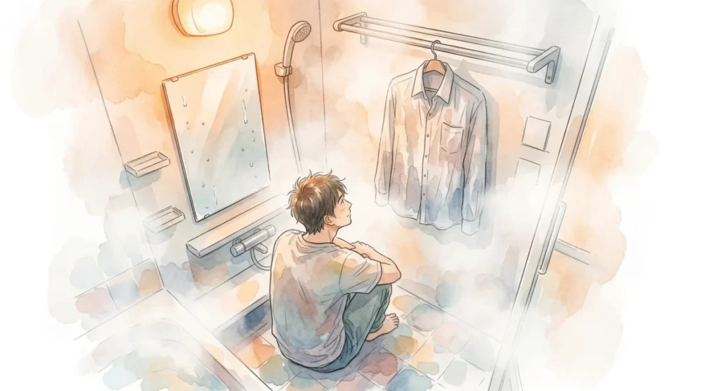 浴室の蒸気を活用して外出直前にシャツのシワを緊急で伸ばす技を表現したイメージ
