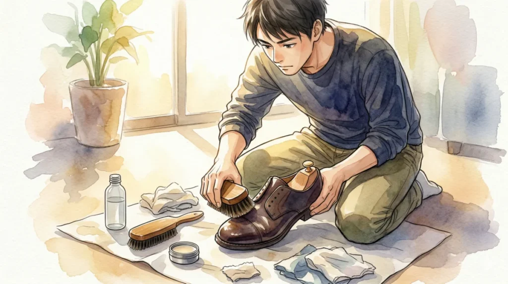 基本の道具を使い初心者が革靴を丁寧に磨き清潔感を整える手順を表現したイメージ