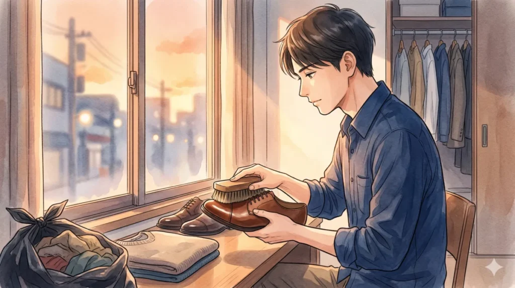 物の手入れを通じて自分自身を大切に扱う余裕と習慣を表現したイメージ