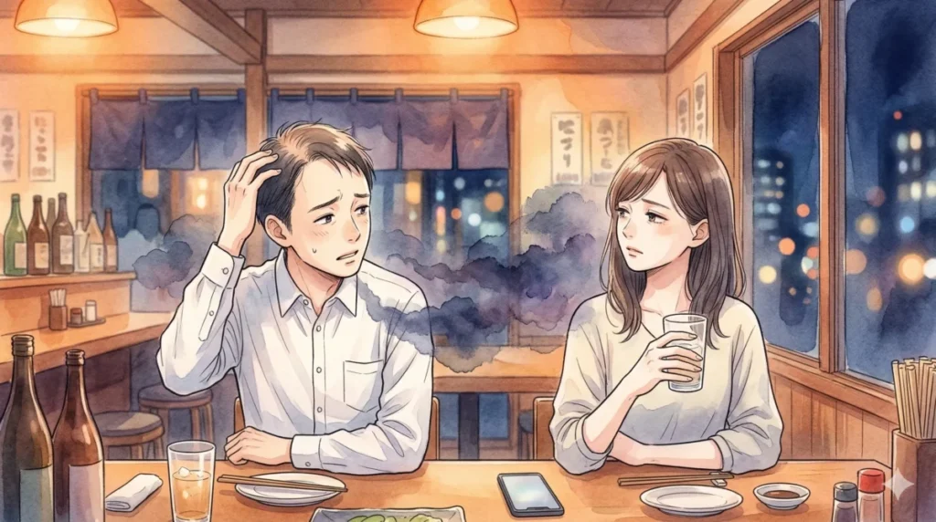 自身の外見への卑屈な思いが負のオーラとなり、相手を疲れさせてしまう心理を表現したイメージ