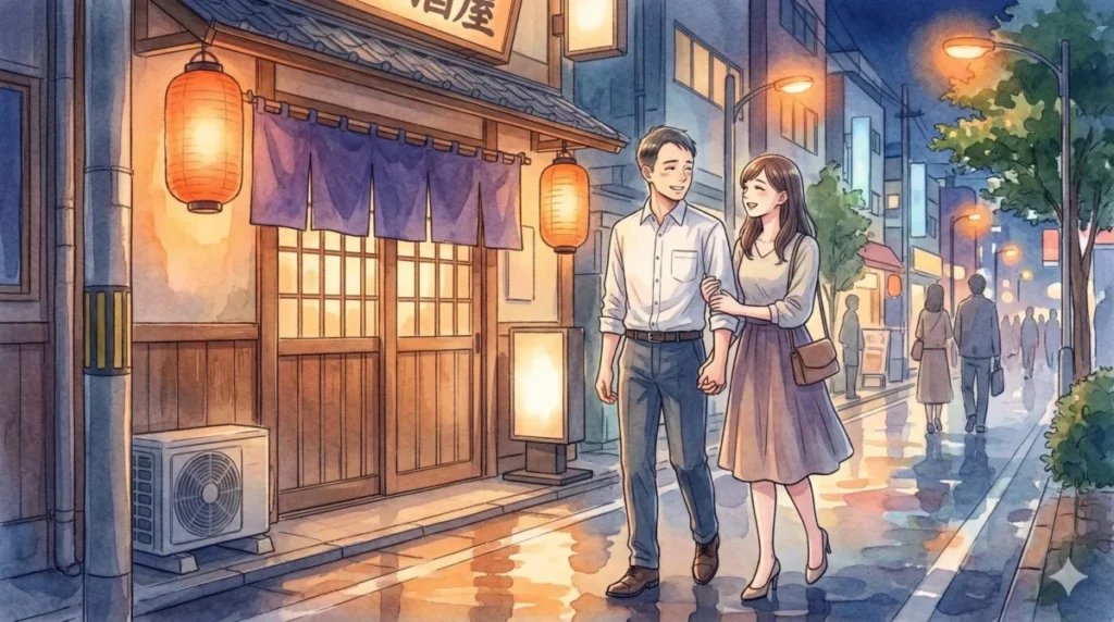 背の低さを気にせず、自分より背の高い女性を堂々とエスコートする心の余裕を表現したイメージ