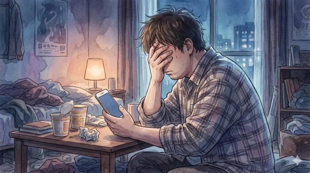 コンプレックスを言い訳に自己管理を放棄し、自室で自暴自棄になる負の連鎖を表現したイメージ