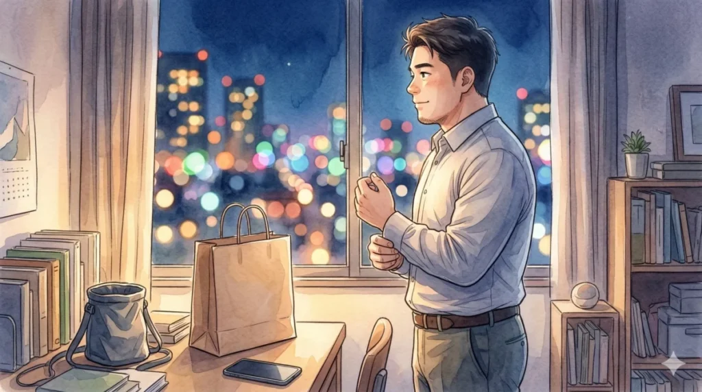 自分に合う服を整え、前向きな姿勢で新しい一歩を踏み出す大人の決意を表現したイメージ