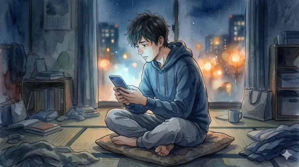 自己肯定感が低い男性が、自己嫌悪や完璧主義から恋愛に臆病になっている心理状況を表現したイメージ