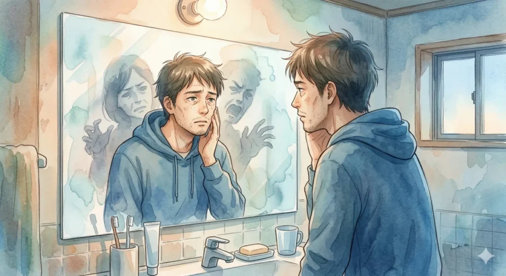 30代男性が、老化への焦りや他人との比較による劣等感に苛まれている状況を表現したイメージ