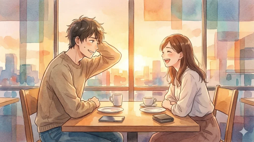 完璧さを捨てた男性が、等身大の失敗談を交えて女性と自然体で会話している様子を表現したイメージ