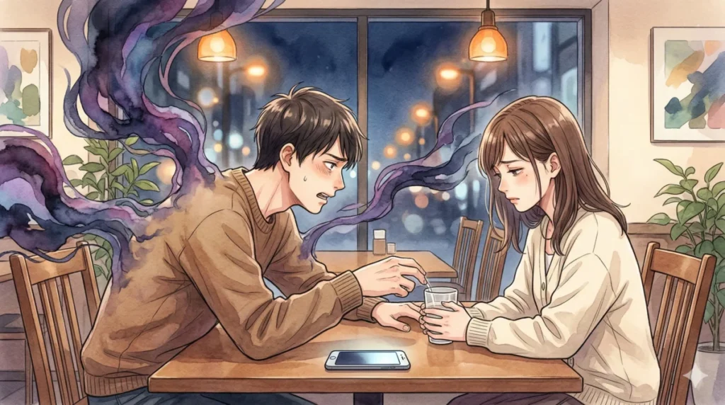 愚痴や自虐で相手に甘え、精神的なエネルギーを奪ってしまう依存オーラを表現したイメージ