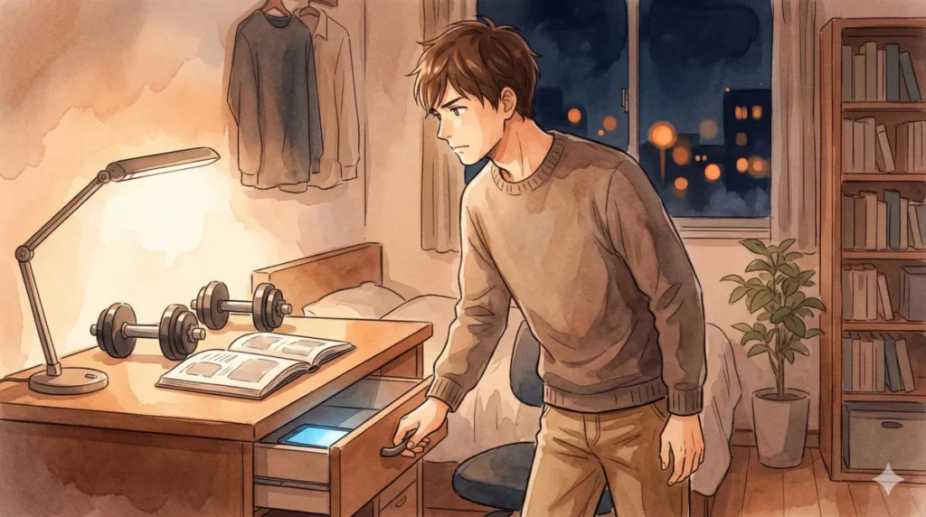 連絡への執着を断つためにスマートフォンを封印し、自制心を保とうとする様子を表現したイメージ