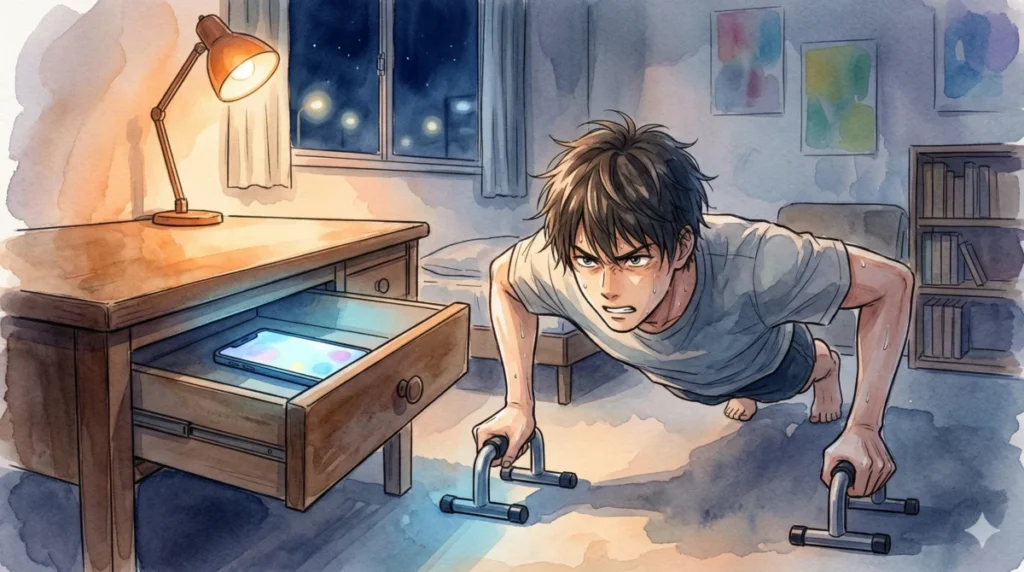 不安を別の活動にぶつけ、自分の機嫌を自分で取るために筋トレに励む姿を表現したイメージ