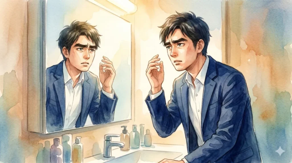 鏡の眉毛を見て第一印象への不安に駆られる30代男性の心理を表現したイメージ