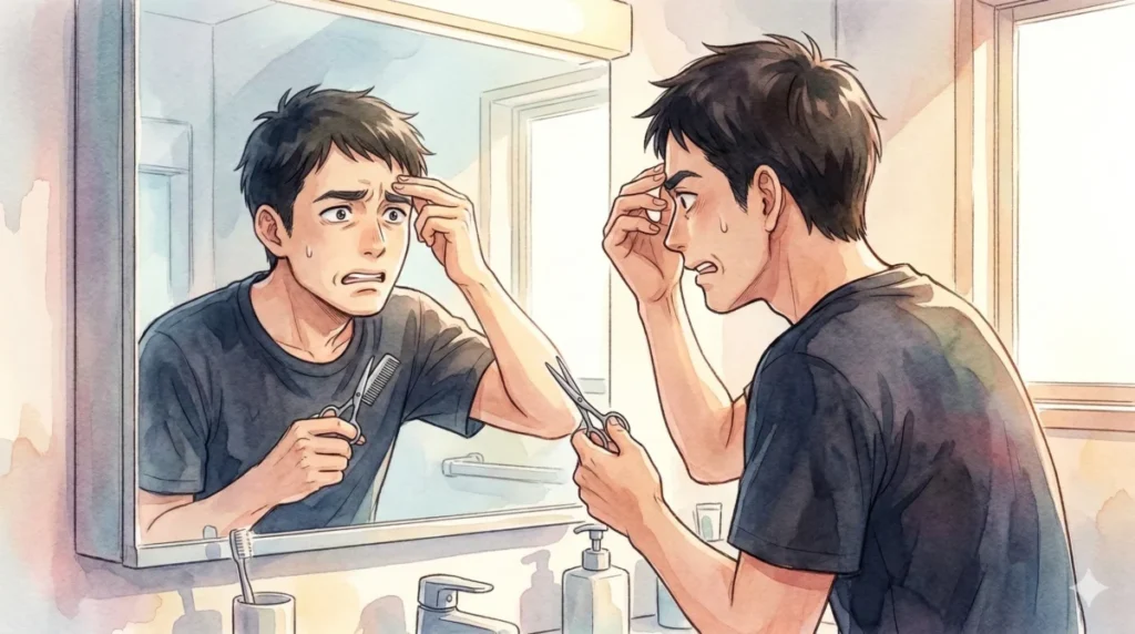 セルフケアに挑むも失敗しパニックに陥る瞬間の焦燥感を表現したイメージ