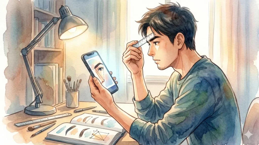 黄金比を基に自分に最適な眉毛の形を模索する探求心を表現したイメージ