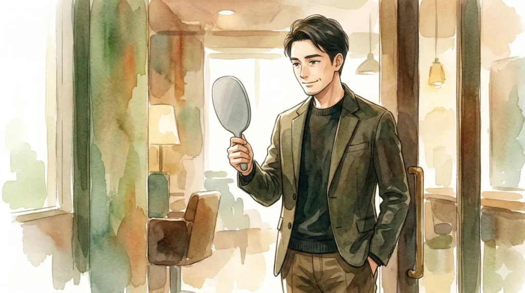 整った眉毛で清潔感溢れる姿に自信を持ち鏡を見る成功体験を表現したイメージ