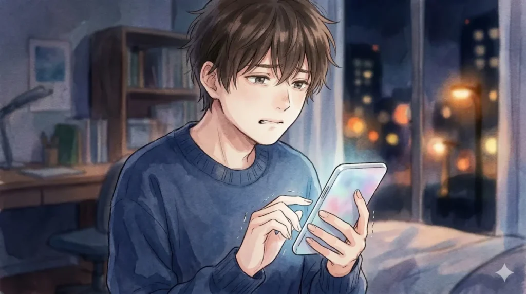 スマホを手に震えながら連絡をためらう、拒絶への強い不安を表現したイメージ