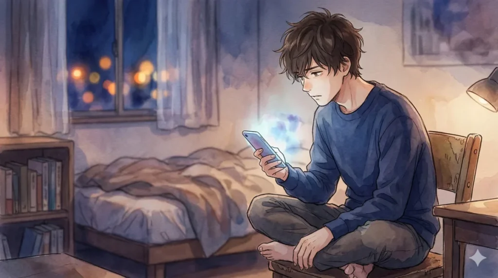 画面を見つめて思い悩む様子から、連絡が途絶えた際の不安な心理を表現したイメージ