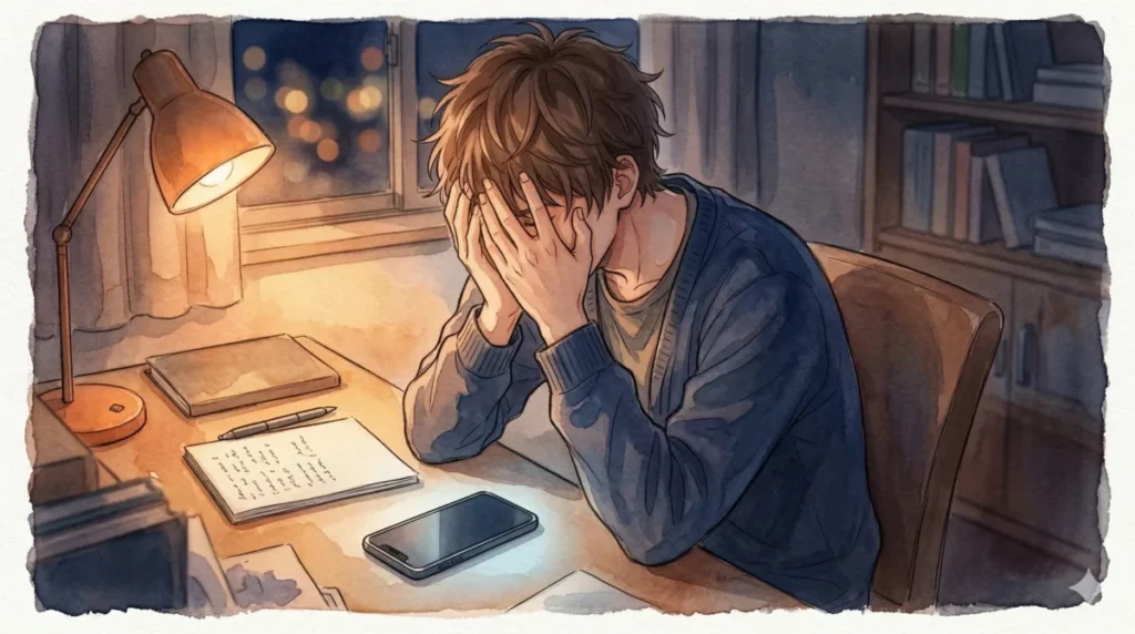 机で頭を抱え込み、相手の反応を気にしすぎる過度な悩みと葛藤を表現したイメージ