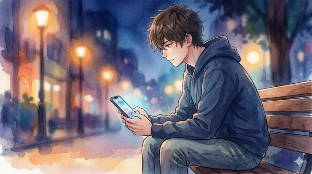夜のベンチで淡々とスマホを確認し、拒絶をデータとして捉える冷静さを表現したイメージ