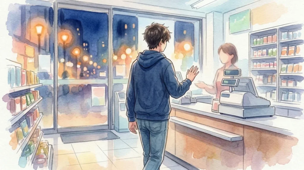 コンビニで店員の問いかけを軽く断り、小さな拒絶に慣れる練習を表現したイメージ
