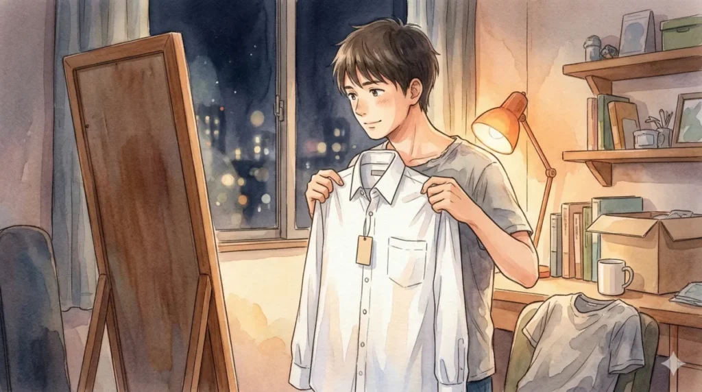 鏡の前で服選びに悩み自信を失いかけている様子を表現したイメージ