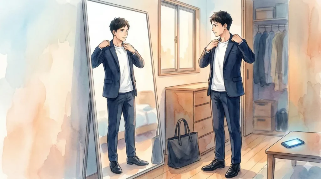 ジャストサイズの服装で清潔感を高める工夫を実践する様子を表現したイメージ