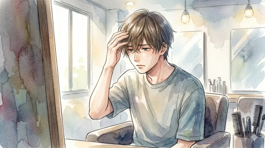 額を隠そうとして前髪を長く残した結果、地肌が透けて清潔感を損なう状況を表現したイメージ