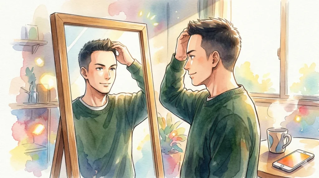 サイドを短くしトップを立たせた、額の広さを清潔感に変える短髪スタイルを表現したイメージ