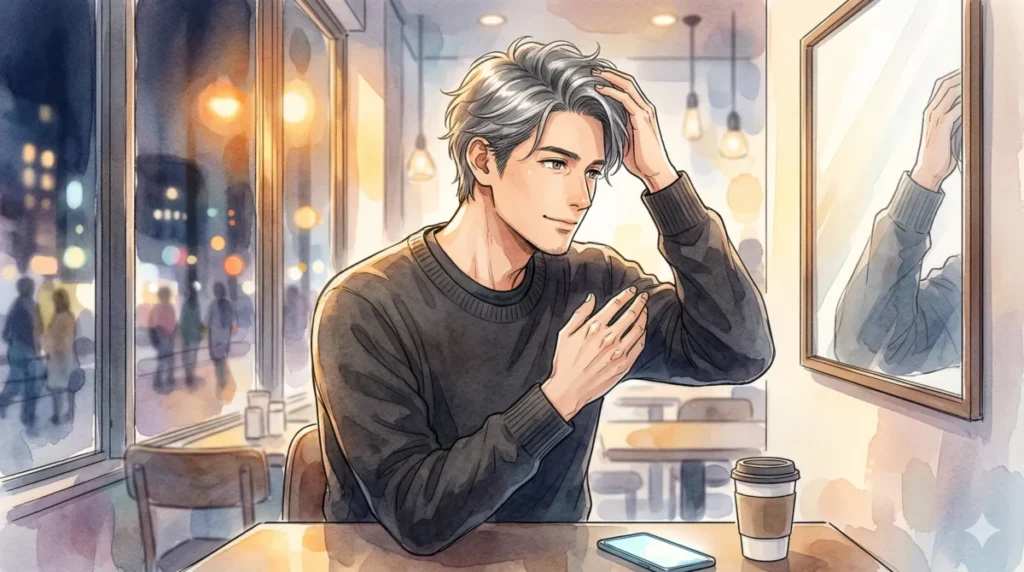 白髪を無理に隠さず、ツヤを出して魅力的なグレイヘアへと移行する戦略を表現したイメージ