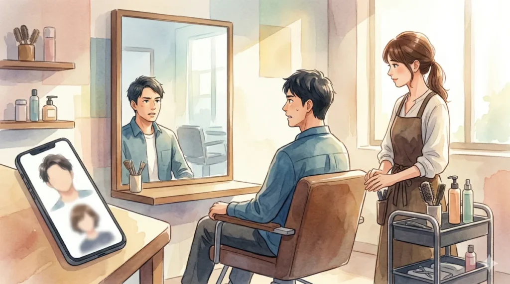 美容室でコンプレックスを伝え、プロの技術を引き出す具体的なオーダー方法を表現したイメージ