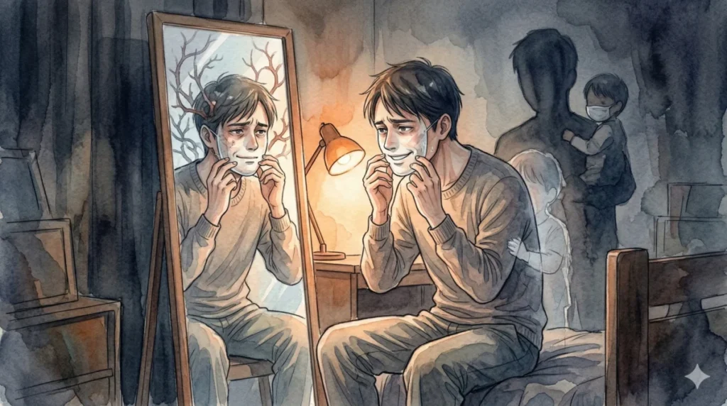 過去のトラウマから自分を偽り「良い子」を演じて疲弊する心理を表現したイメージ