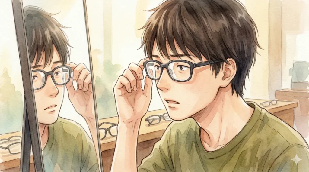 メガネ選びに悩み鏡の前で自分と向き合う男性の様子を表現したイメージ
