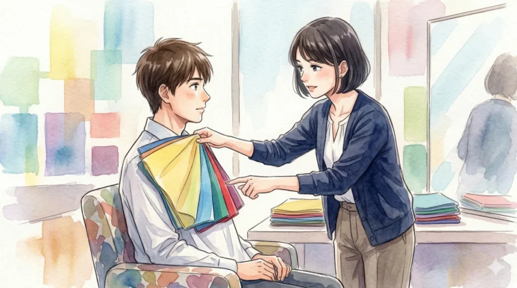 ネットの自己診断で自身のカラータイプに迷走する男性を表現したイメージ