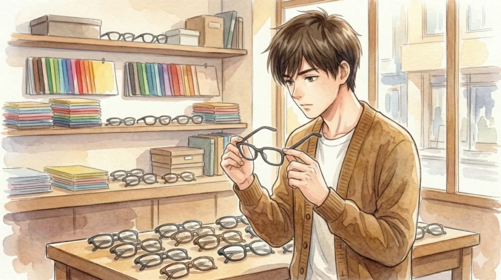 ロジックに基づき自分に似合うメガネを選び自信を得た男性を表現したイメージ