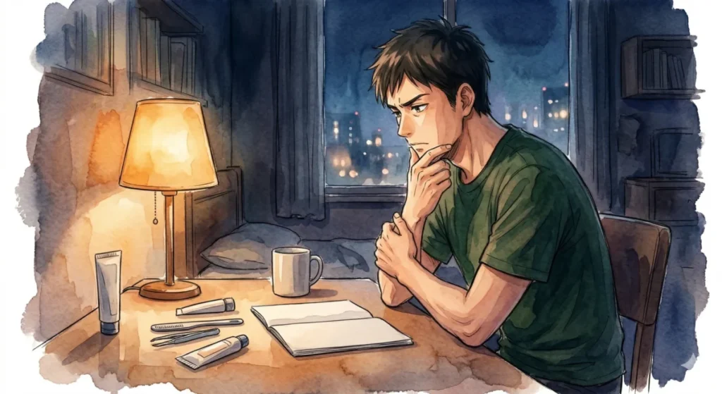 周囲の視線や身だしなみの重要性に気づき、深刻に悩む男性の心理を表現したイメージ