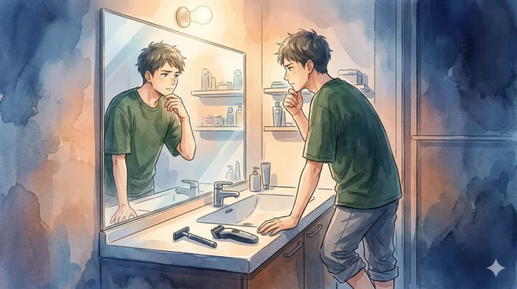 鏡の前で自身の清潔感を客観的に見つめ直し、手入れを検討する様子を表現したイメージ