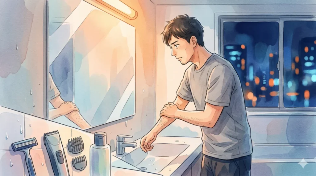 露出が増える季節を前に、腕のムダ毛の状態を細かく確認する姿を表現したイメージ