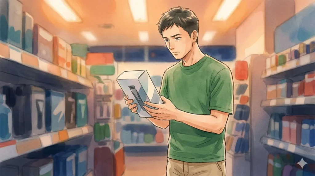 清潔感を手に入れるため、店頭で自分に合ったケア用品を選ぶ決意を表現したイメージ