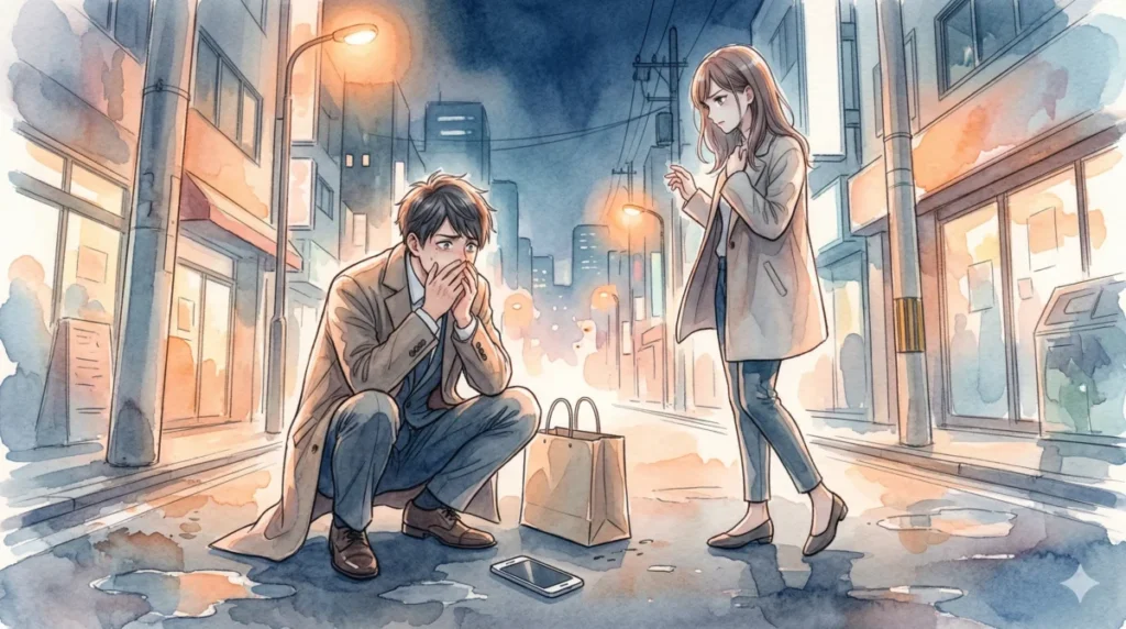 口元の不潔さにより女性からシビアな判定を受ける男性の絶望的な心理を表現したイメージ