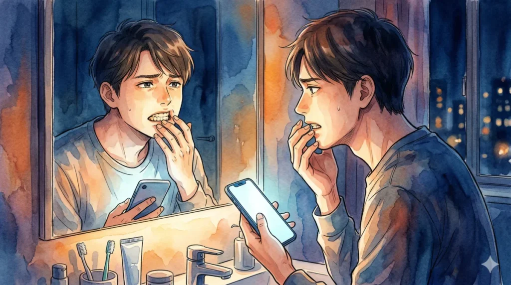 自身の歯の黄ばみの原因が外側か内側かを見極めようとする男性の様子を表現したイメージ