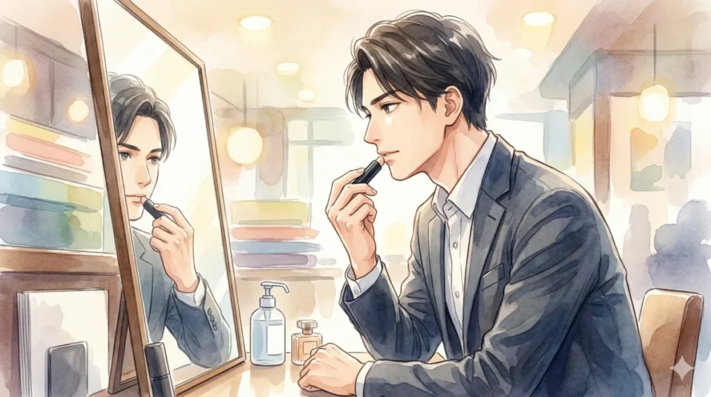 唇の乾燥原因を理解し、正しいリップクリームの選び方と塗り方を実践する男性のイメージ