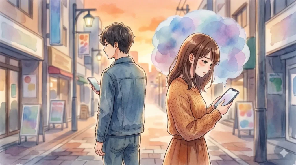 デート中の決断を相手に丸投げし、女性を精神的に疲れさせている状況を表現したイメージ