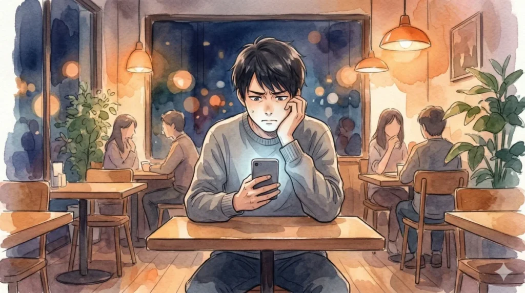 失敗を恐れて検索を繰り返し、100点の正解を探して決断できずフリーズする様子を表現したイメージ