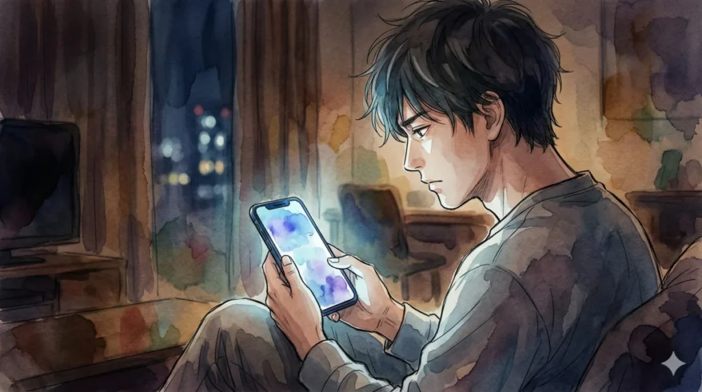 夜に一人でスマホを見つめ、婚活の条件や自身の理想に悩み葛藤する30代男性を表現したイメージ