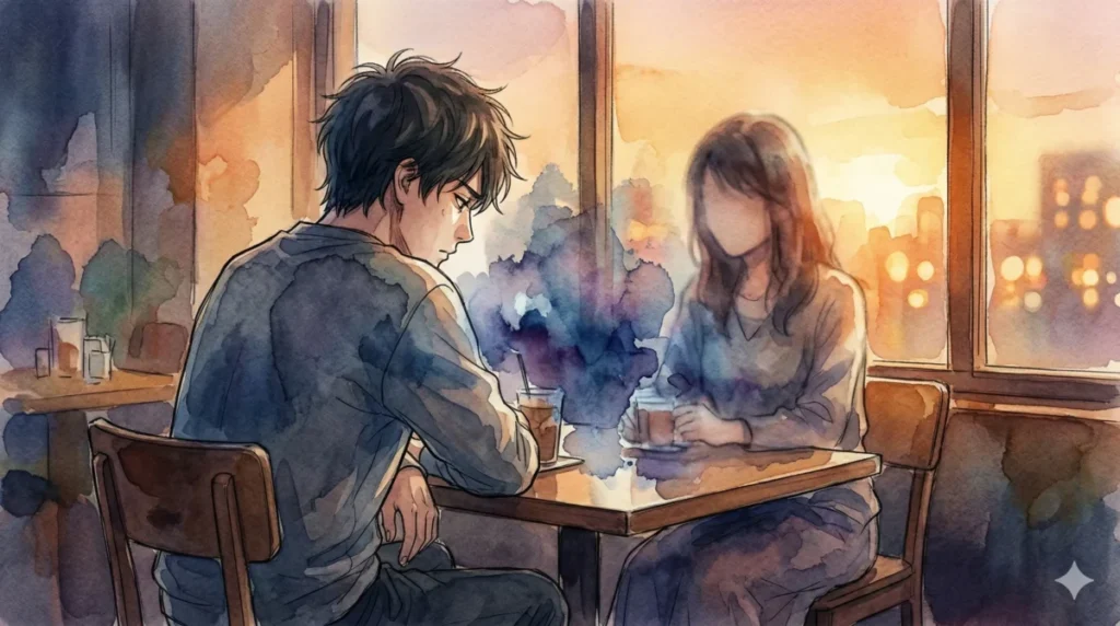 カフェで相性の合わない相手と過ごし、言葉にできない違和感や苦痛を感じる様子を表現したイメージ